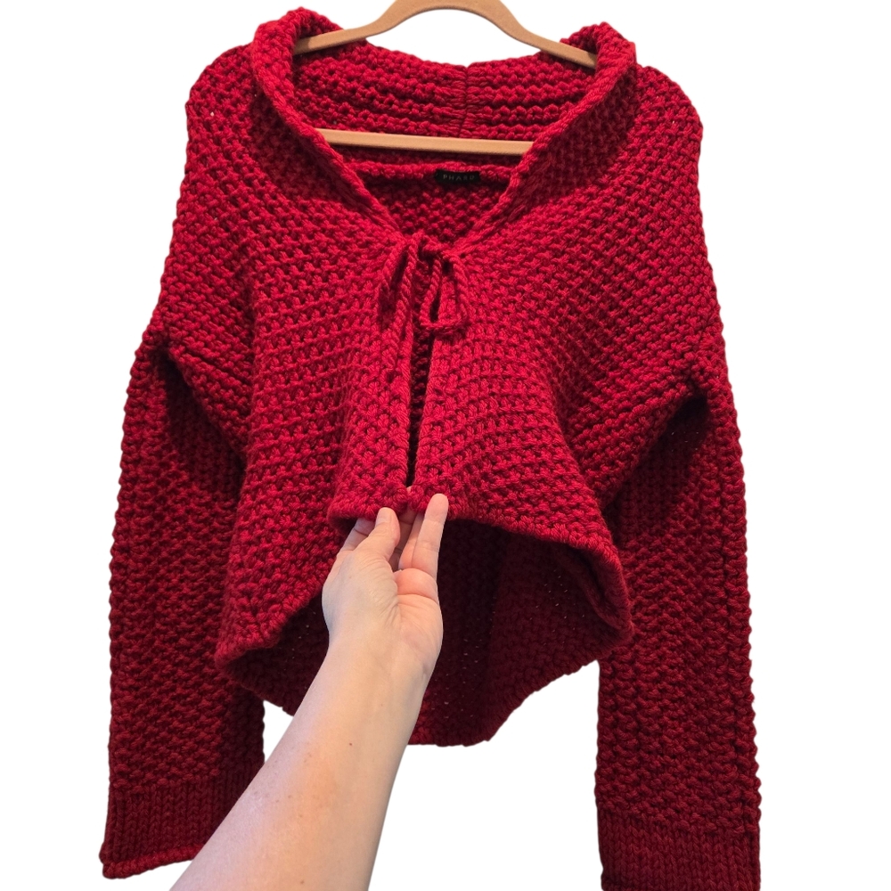 Italian Knit Cardigan Sweater M Red Lambswool Cropped Knit Tie Front Bow Italy